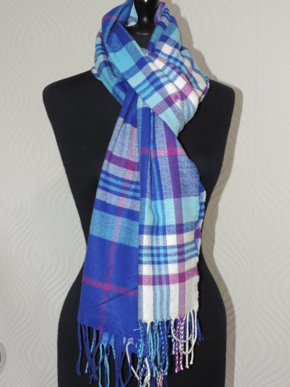 J CREW Scarf Plaid Blue Purple 24" x 78" + Fringe